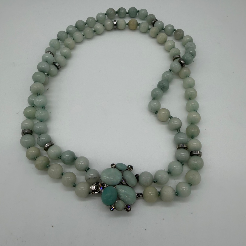 Pale Green Beaded Double-Strand Necklace with Floral Cabochon Centerpiece